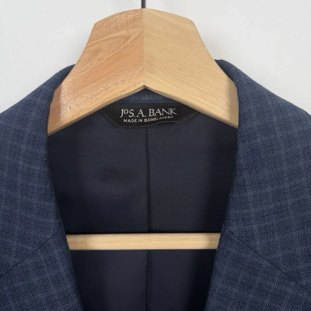 Jos. A Bank Travelers Collection Blazer 40R Tailored Fit Blue Plaid Wool Jacket